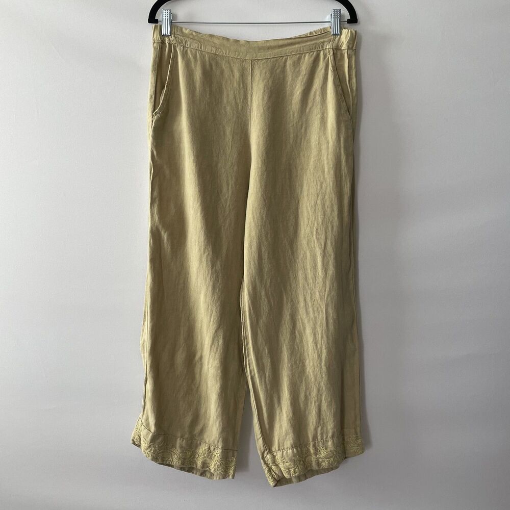 CP Shades Linen Wide Leg Crop Pants Embroidered Hem Green Women Size S-mpv